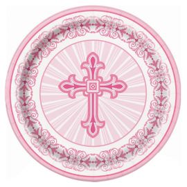 8 Assiettes Communion Croix Rose 23 cm 8 Assiettes Communion Croix Rose 23 cm