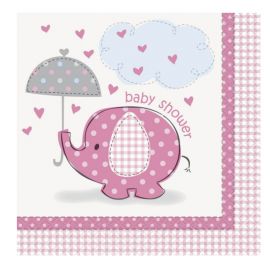 16 Serviettes Baby Shower Éléphant Fille 33 cm