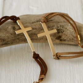 4 Bracelets Croix Dorées Assortis Beige et Marron