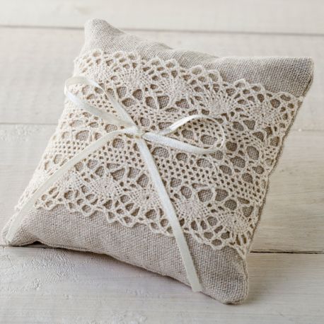 1 Coussin avec Dentelle Ivoire et Ruban 10 cm x 10 cm