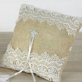 Coussin d'Alliances en Toile de Jute, Dentelle et Détail Strass