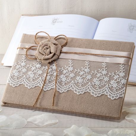 Livre d'Or en Jute avec Fleur et Dentelle