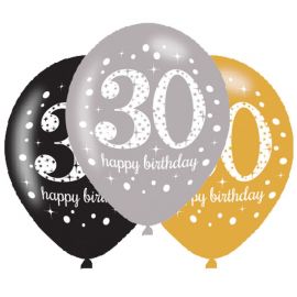 6 Ballons Happy Birthday Élegants Dorés 30 Ans 28 cm