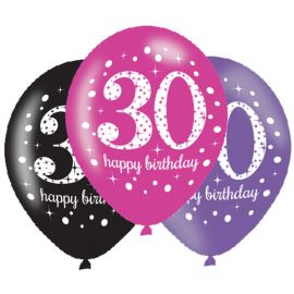 6 Ballons Happy Birthday Élégants et Roses 30 Ans 28 cm