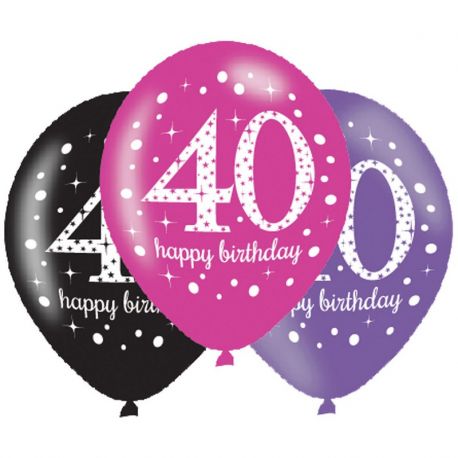 6 Ballons Happy Birthday Élégants et Roses 40 ans 28 cm
