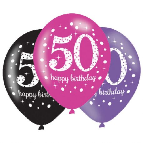 6 Ballons Happy Birthday Élégants et Roses 50 Ans 28 cm
