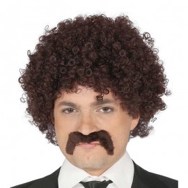 Perruque Bouclée Chatain avec Moustache