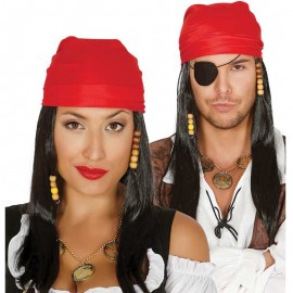 Perruque de Pirate Noire avec Bandana Rouge