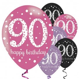 6 Ballons Happy Birthday Elegant 90 ans Rose 28 cm