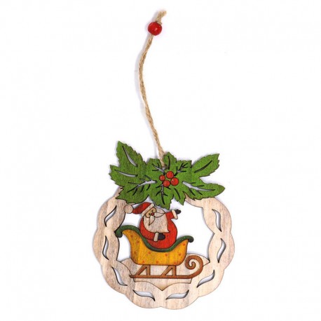 Pendentif en Bois Père Noël Traîneau 12 cm