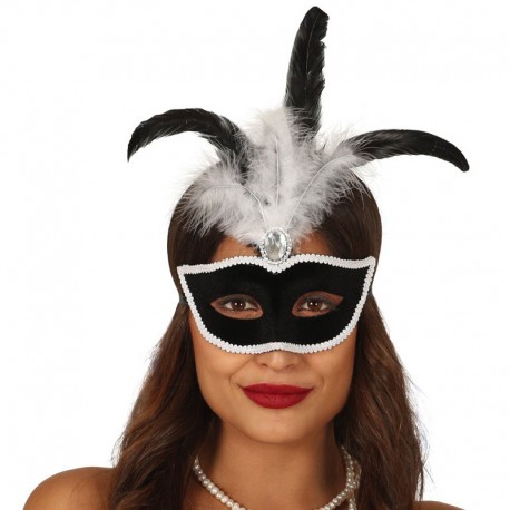 Masque en Velours Noir avec Plume Blanche