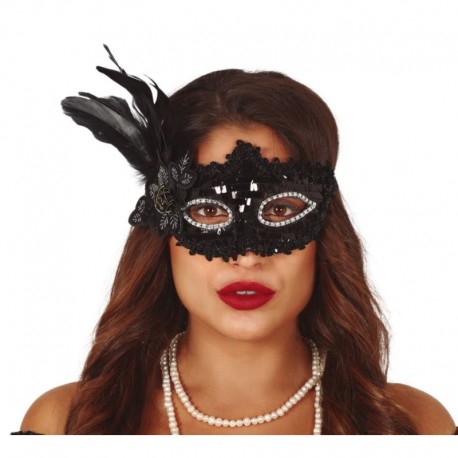 Masque Noir avec Fleurs et Plumes