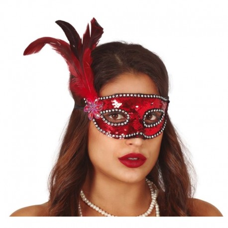 Masque Paillettes Rouge Avec Plume