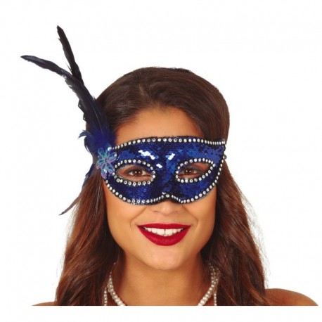 Masque Paillettes Bleu Avec Plume