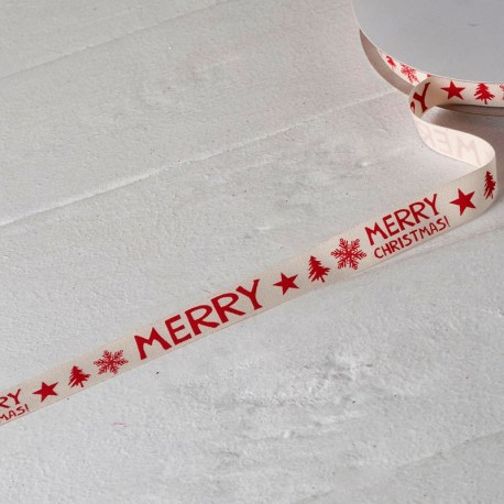 Ruban de Coton Ivoire Imprimé Rouge Merry Christmas 15mmx50mts