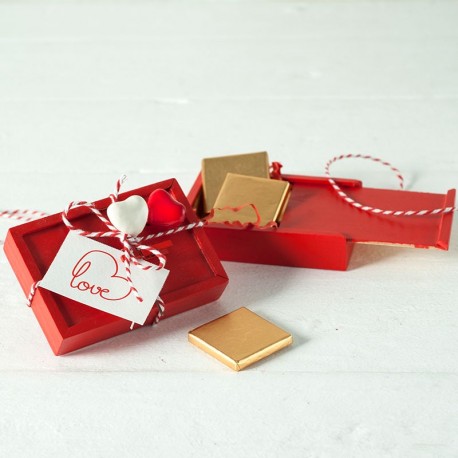 Coffret en Bois 4 Chocolats Saint-Valentin Double Coeur