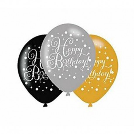 6 Ballons Happy Birthday Élegant Doré en Latex 28 cm