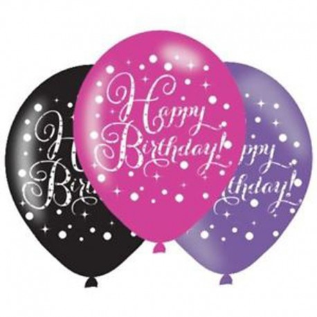 6 Ballons Happy Birthday Élegant Rose en Latex 28 cm