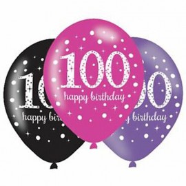 6 Ballons Happy Birthday Elegant 100 Ans Rose 28 cm