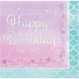 16 Serviettes Iridescentes "Happy Birthday" Sirène 33 cm