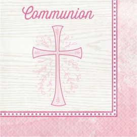 16 Servillettes Communion Croix Rose 33 Cm