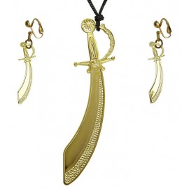 Collier et Boucles d'Oreilles Dorés en Forme d'Épée de Pirate