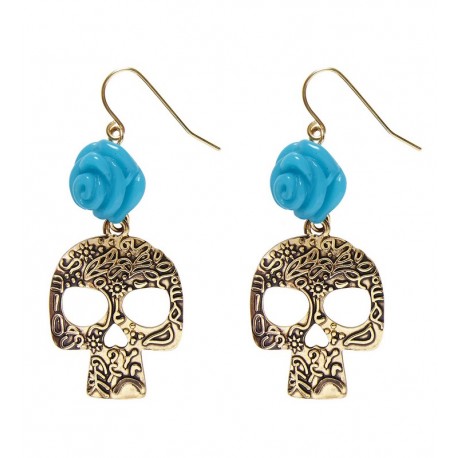 Boucles d'Oreilles Tête de Mort Dorée avec Rose Bleue