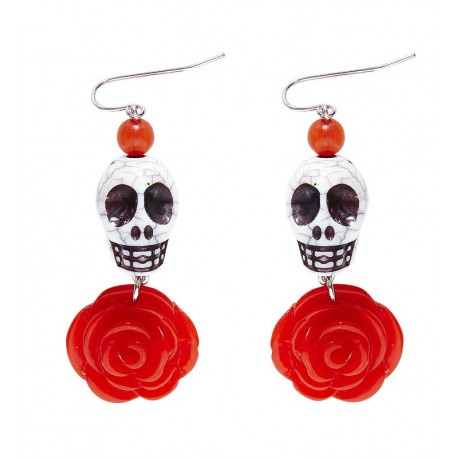 Boucles d'Oreilles Tête de Mort Blanche avec Rose Rouge