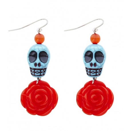 Boucles d'Oreilles Tête de Mort Bleue avec Rose Rouge