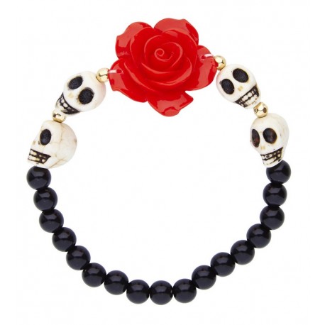 Bracelet avec Rose Rouge et Crânes Blancs