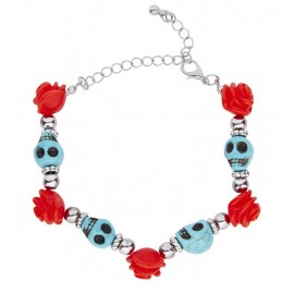 Bracelet avec Crânes Bleus et Roses Rouges