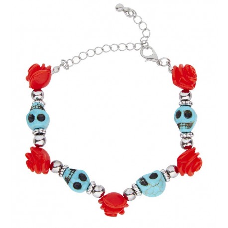 Bracelet avec Crânes Bleus et Roses Rouges