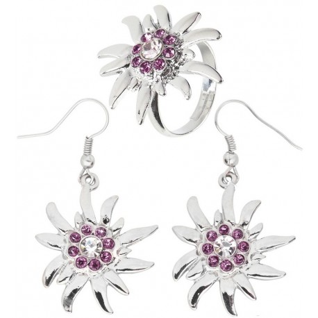 Boucles d'Oreilles et Bague Edelweiss avec Strass Rose