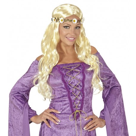 Perruque Princesse Enfant 90 Cm – Serre-tête Tressé Avec Couronne Et Fleurs – Accessoire De Déguisement Pour Filles – Mauve