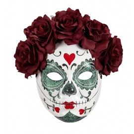 Masque Catrina avec Paillettes et Roses Bordeaux