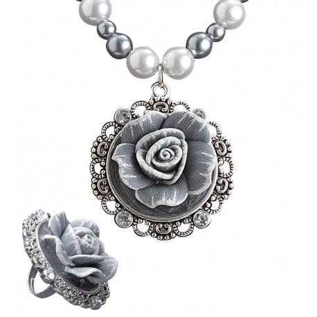 Ensemble Collier et Bague en Perles et Roses