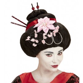 Perruque de geisha avec fleurs et baguettes