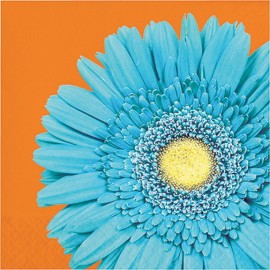 16 Serviettes Orange avec des Fleurs Bleus de 33 cm