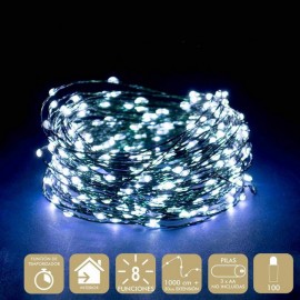 Chaîne de 100 micro-lampes à LED 8 fonctions blanches de 1000 cm de long