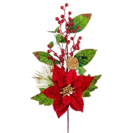 Branche 1 Poinsettia Holly and Leaves 59 Cm