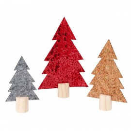 Lot de 3 sapins en feutre, liège et paillettes