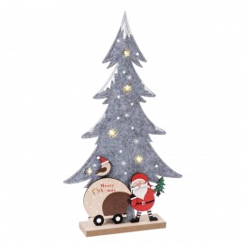 Sapin en feutre gris avec socle Père Noël et bois 5 LEDS 23x44,5x5cm