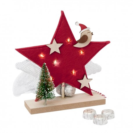 Et étoile de Noël rouge avec des lumières LED et 3 chocolats 20 cm