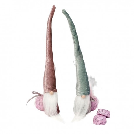 Gnome en velours avec chapeau gris et mauve et deux chocolats 22cm