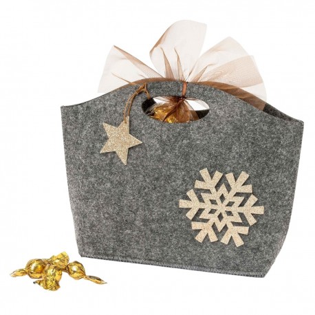 Panier de Noël avec 20 chocs croki en feutre gris et détails pailletés dorés 26x19x7cm
