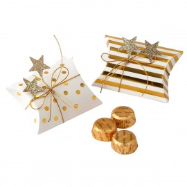 Boîtes blanches à rayures et points dorés décorées de ficelle et d'étoile pailletée 3 chocolats