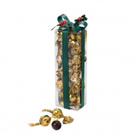 Boîte avec 24 crokichocs dorés décorés de ruban vert et de houx 17cm