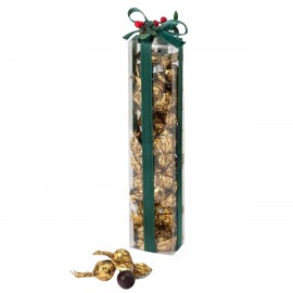 Boîte avec 35 crokichocs dorés décorés de ruban vert et de houx 23cm