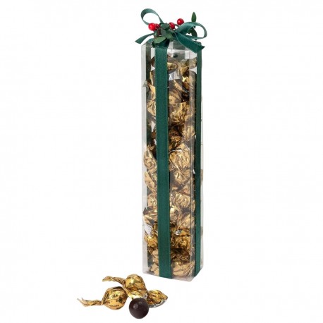Boîte avec 35 crokichocs dorés décorés de ruban vert et de houx 23cm