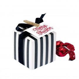 Boîte Blanche Rayée Noire avec Ruban et Carte de Noël